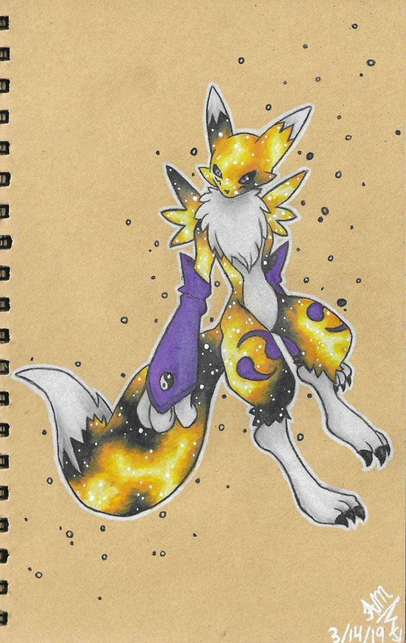 Renamon Digimon original colored pencil art waterproof sticker
