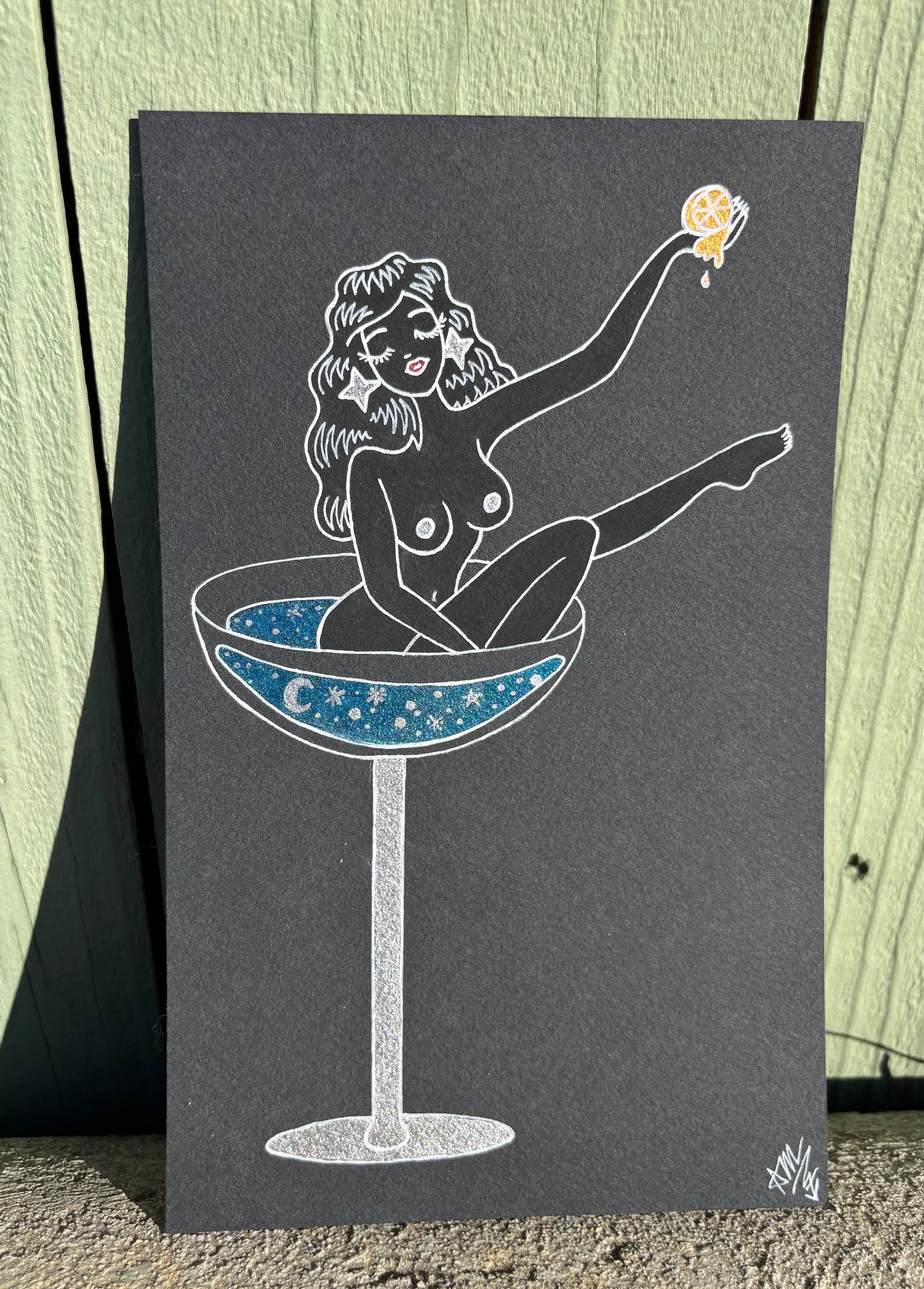 “Night-tini” watercolor burlesque martini girl painting