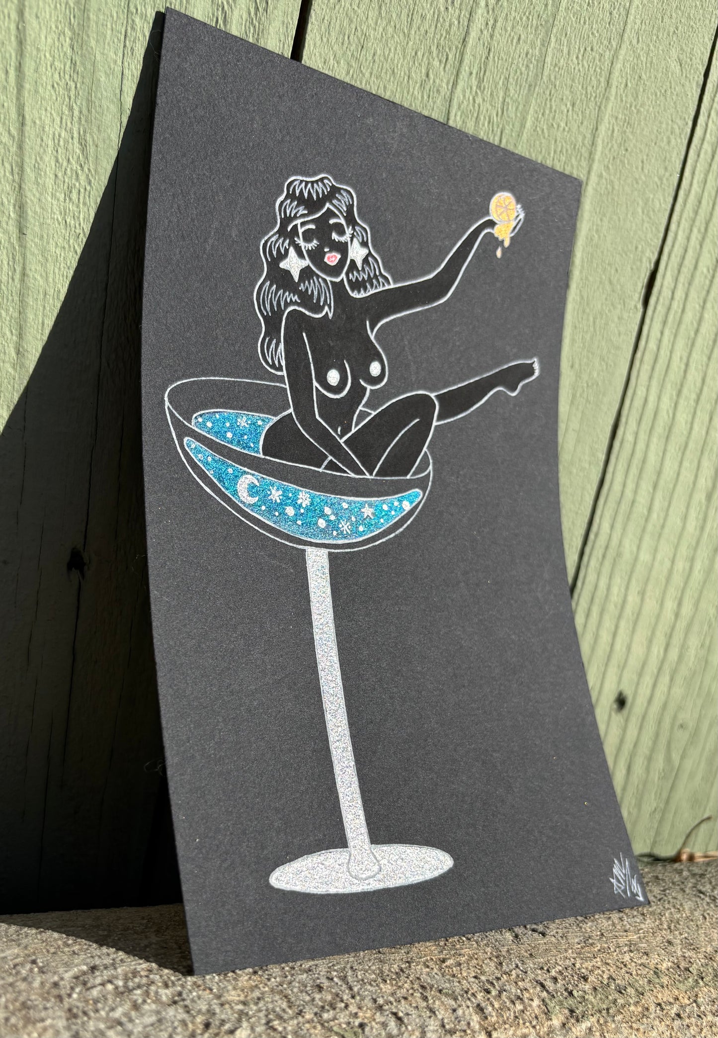 “Night-tini” watercolor burlesque martini girl painting