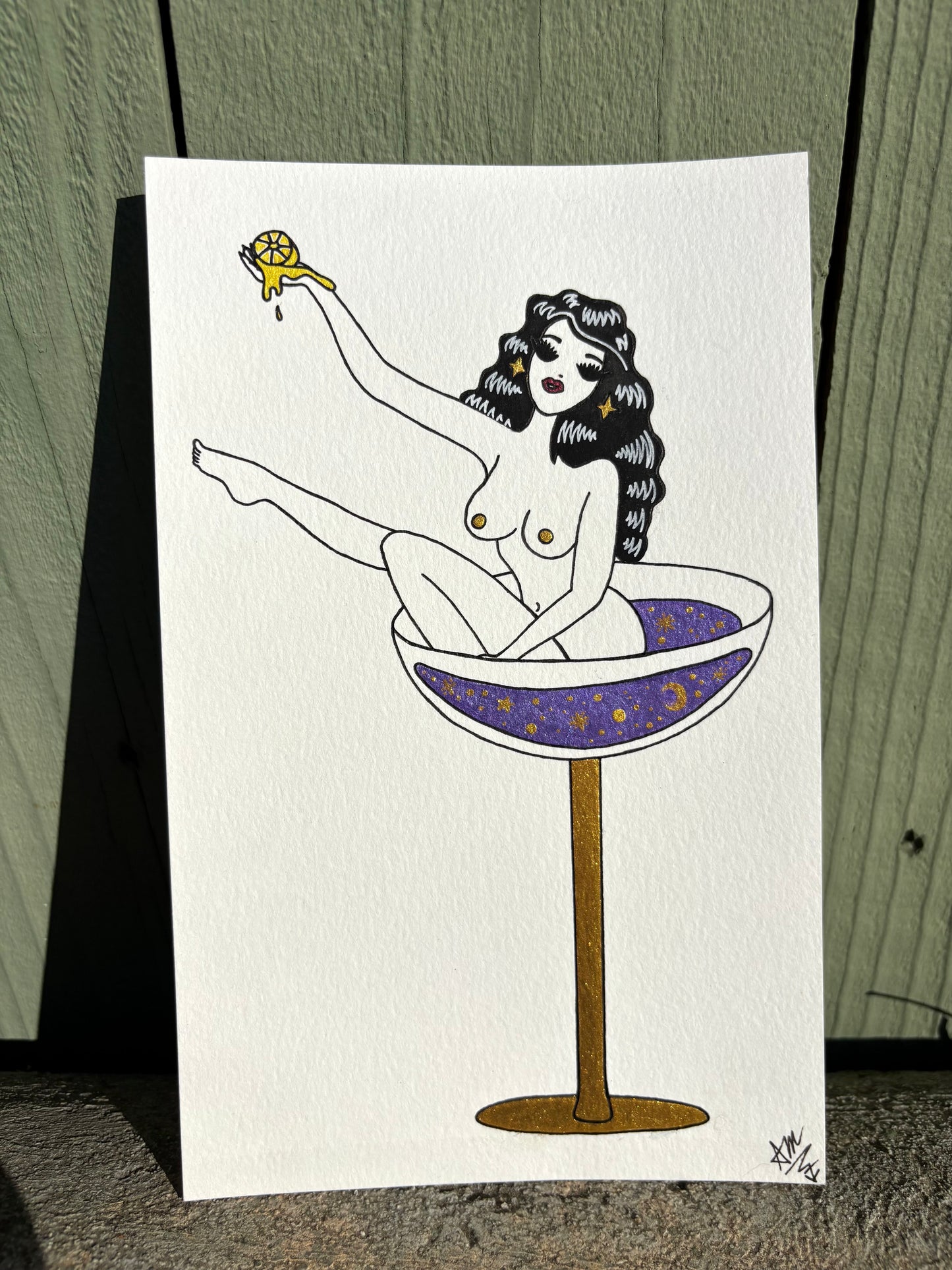 “Day-tini” watercolor burlesque martini girl painting
