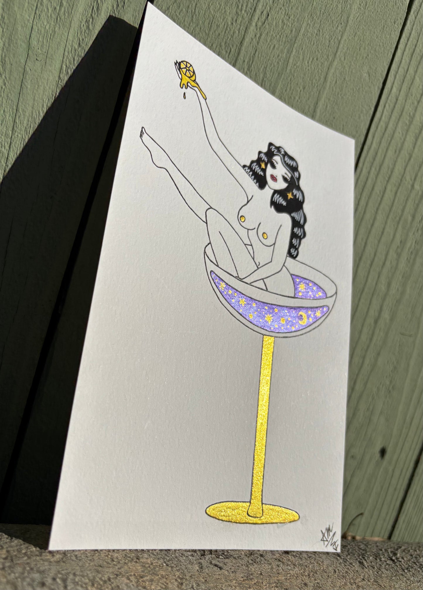 “Day-tini” watercolor burlesque martini girl painting
