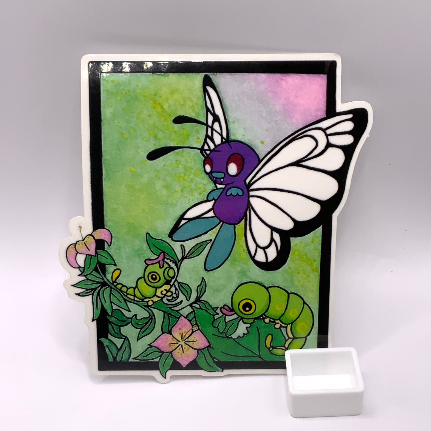 Butterfree and Caterpie Pokemon original watercolor art waterproof sticker
