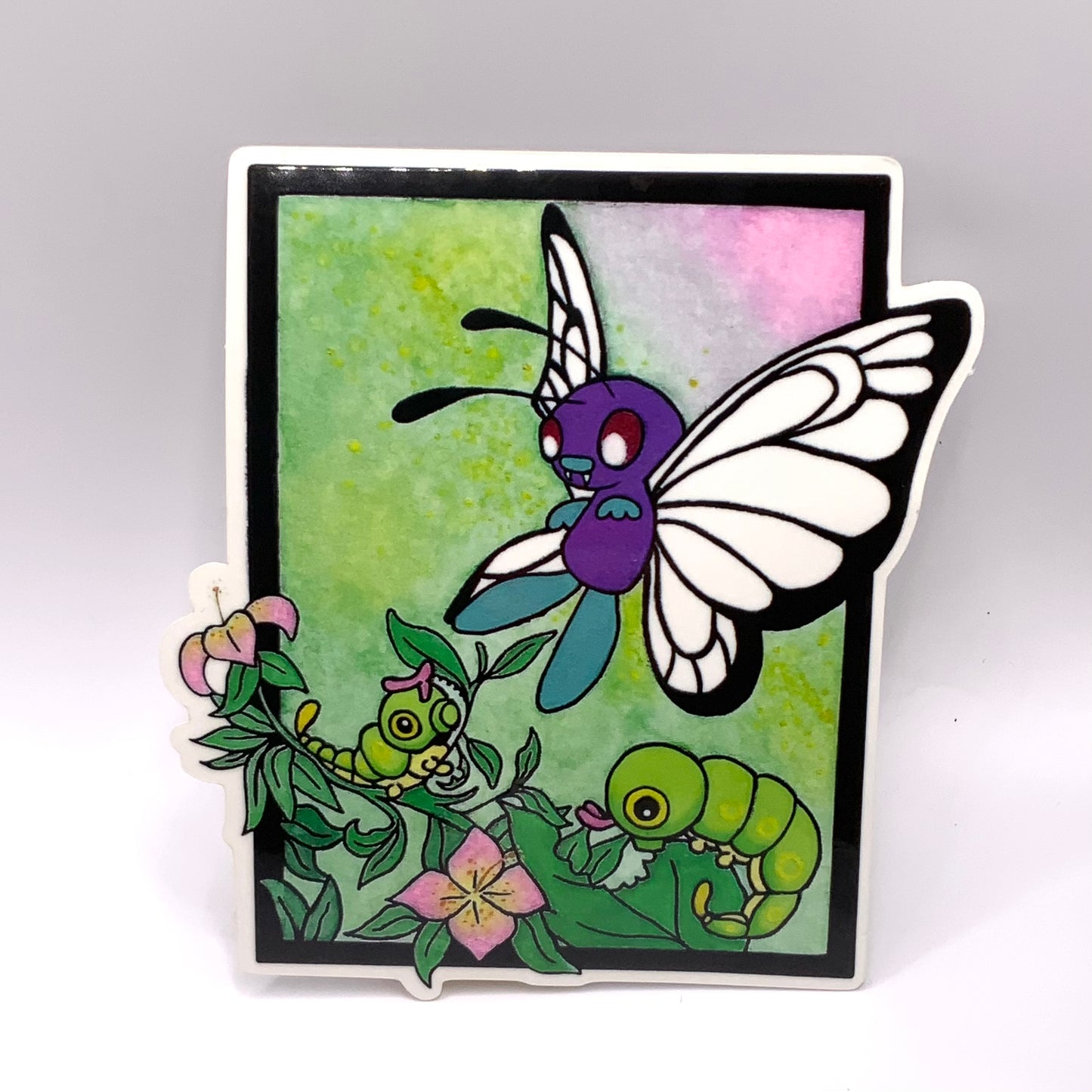 Butterfree and Caterpie Pokemon original watercolor art waterproof sticker