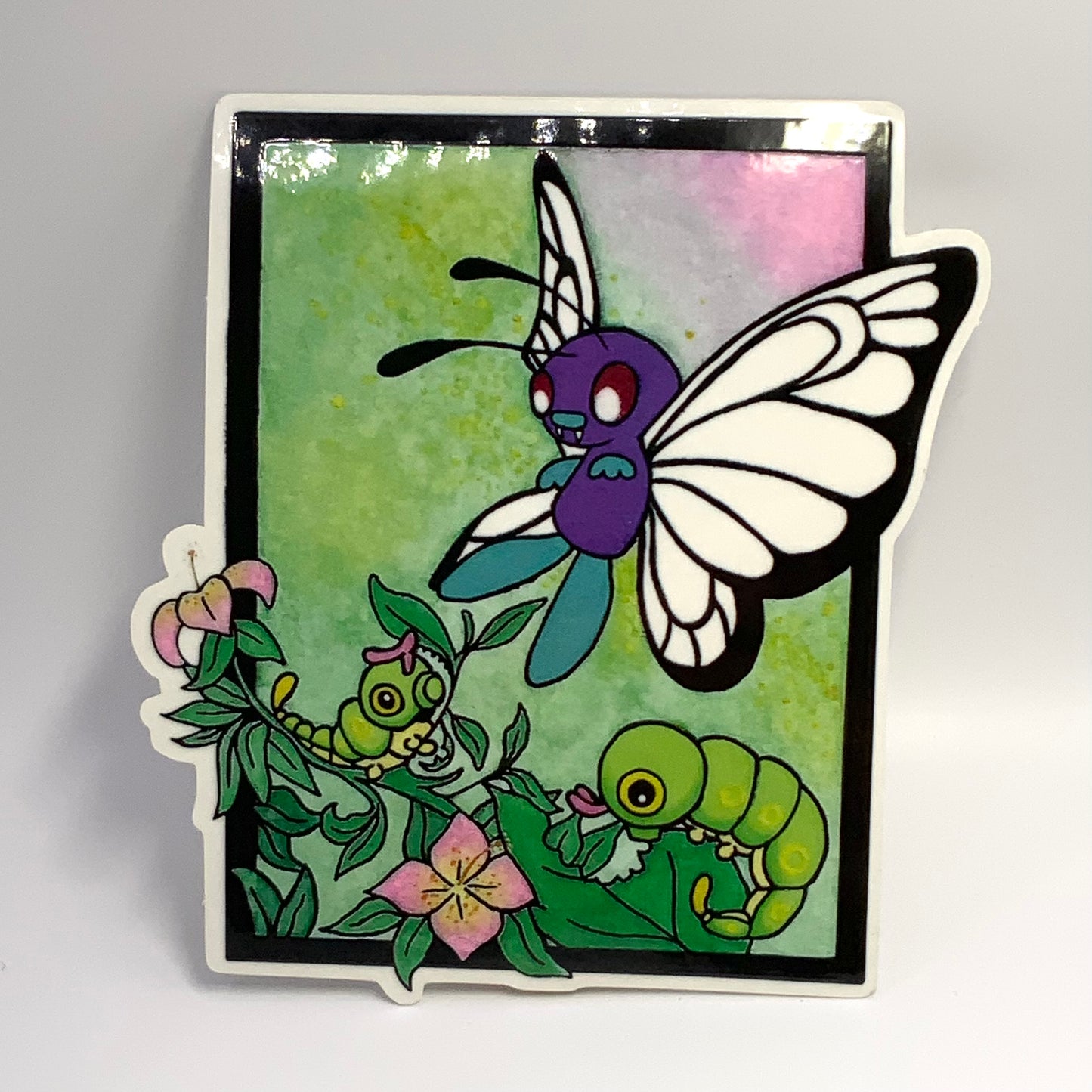 Butterfree and Caterpie Pokemon original watercolor art waterproof sticker