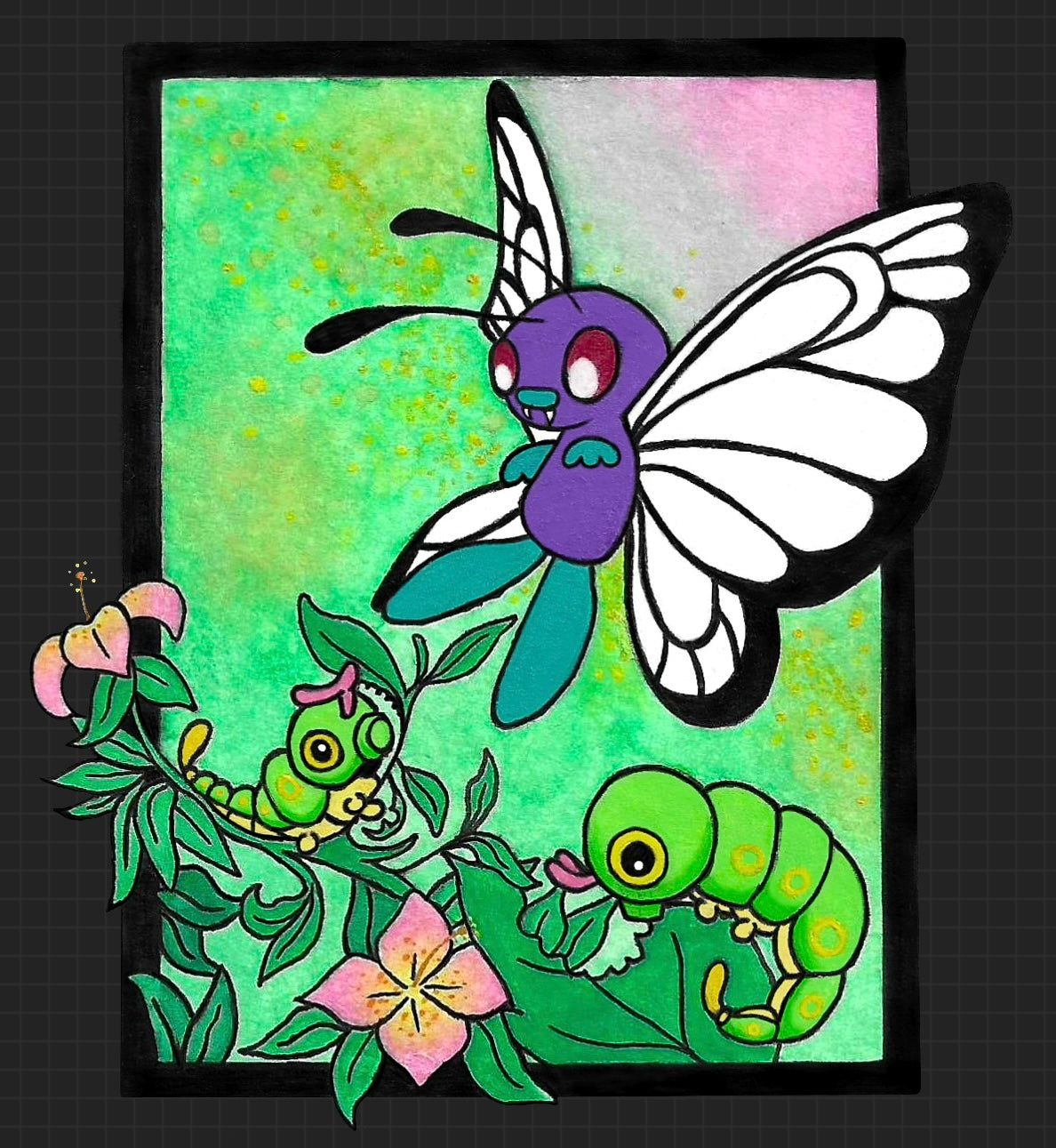 Butterfree and Caterpie Pokemon original watercolor art waterproof sticker