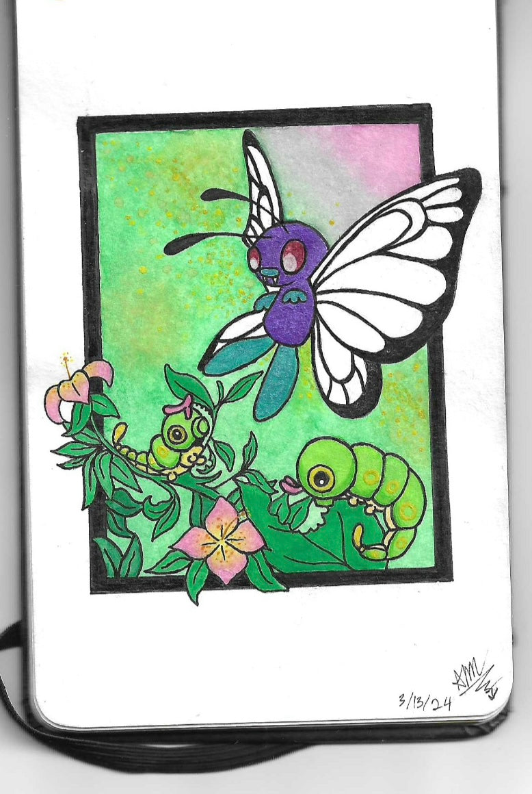 Butterfree and Caterpie Pokemon original watercolor art waterproof sticker