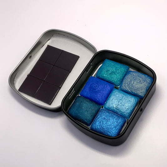 6-pack Ocean Blues Set - pre-packed set of 6 watercolor paints in tin container - COMES WITH 6 HALF PAN PAINTS INCLUDED