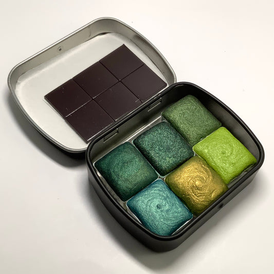 6-pack Forest Greens Set - pre-packed set of 6 watercolor paints in tin container - COMES WITH 6 HALF PAN PAINTS INCLUDED