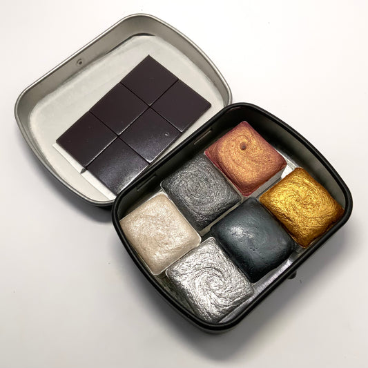 6-pack Metallic Colors Set - pre-packed set of 6 watercolor paints in tin container - COMES WITH 6 HALF PAN PAINTS INCLUDED